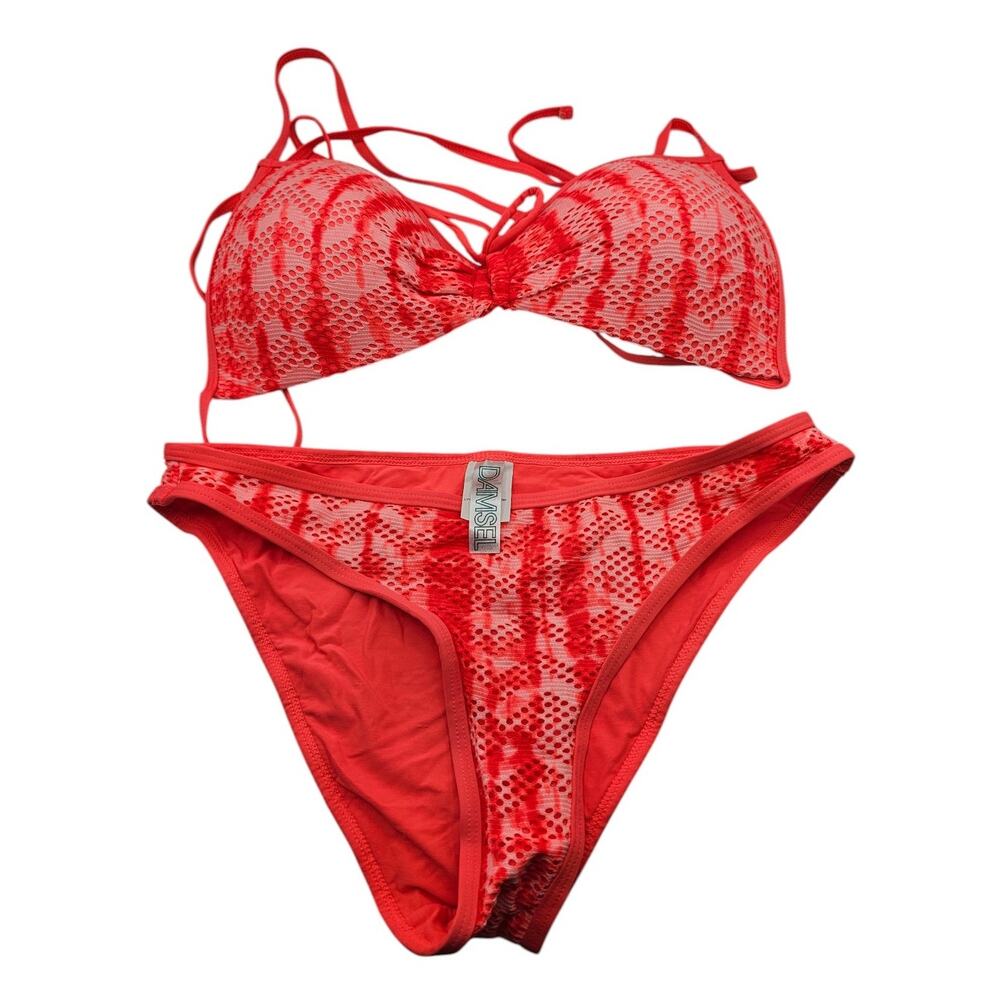 Damsel Womens Sz L Bikini Swimsuit Set Coral Pink Crochet High Cut Bottoms